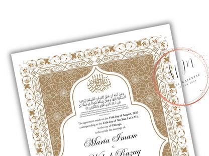 Nikkah Certificate Digital Download Personalized, Luxury Nikkah Contract, Islamic Wedding Contract, Personalized Muslim Wedding Gift. NN188