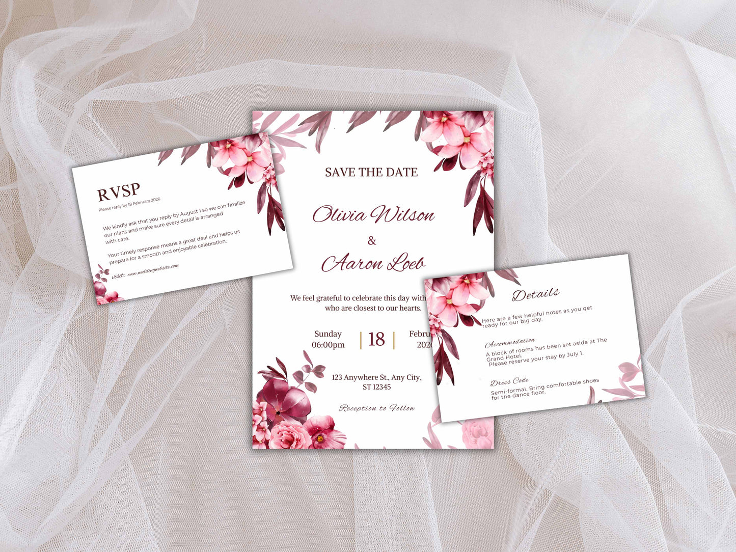 Wedding Invitation Bundle, RSVP, Thank You Card, Table Card, Menu Card, Reception Card, Details Card. WI236