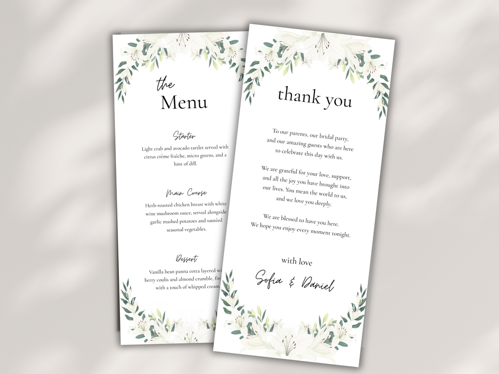 Wedding Menu & Thank You Card Template | Editable Printable Table Place Card. WI203