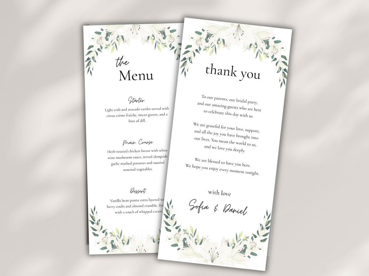 Wedding Menu & Thank You Card Template | Editable Printable Table Place Card. WI203