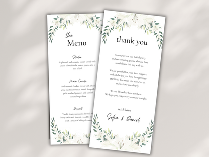 Wedding Menu & Thank You Card Template | Editable Printable Table Place Card. WI203