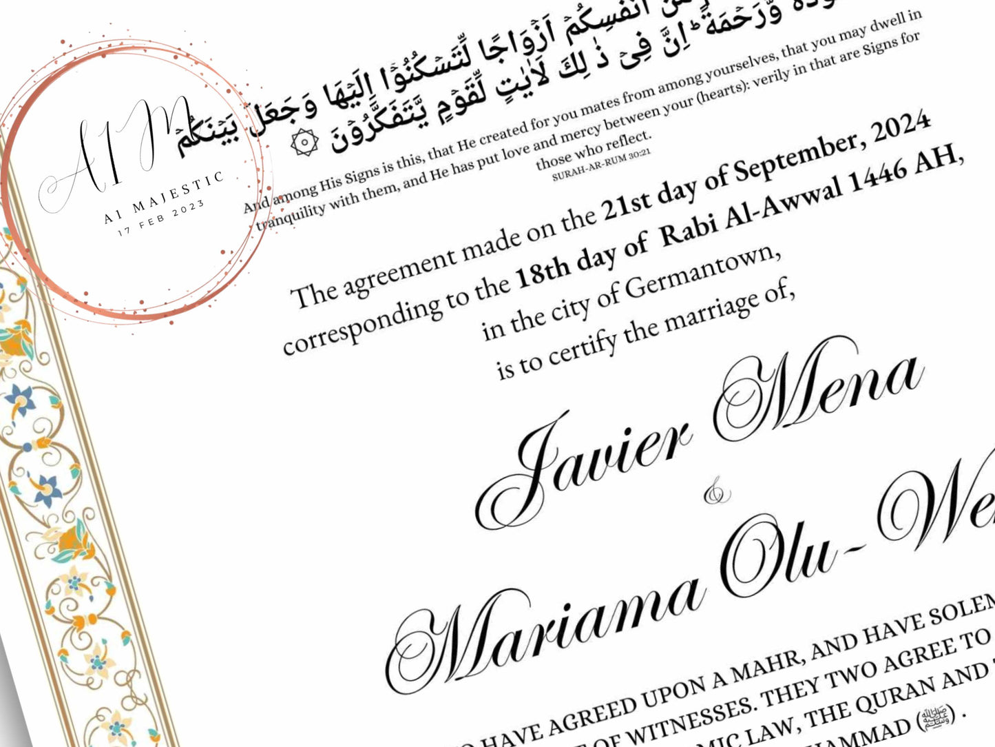 Luxury Nikkah Certificate, Premium A4 Islamic Wedding Contract, Nikkah Nama, Muslim Marriage Certificate, Personalised Names, A4, A3. NN274