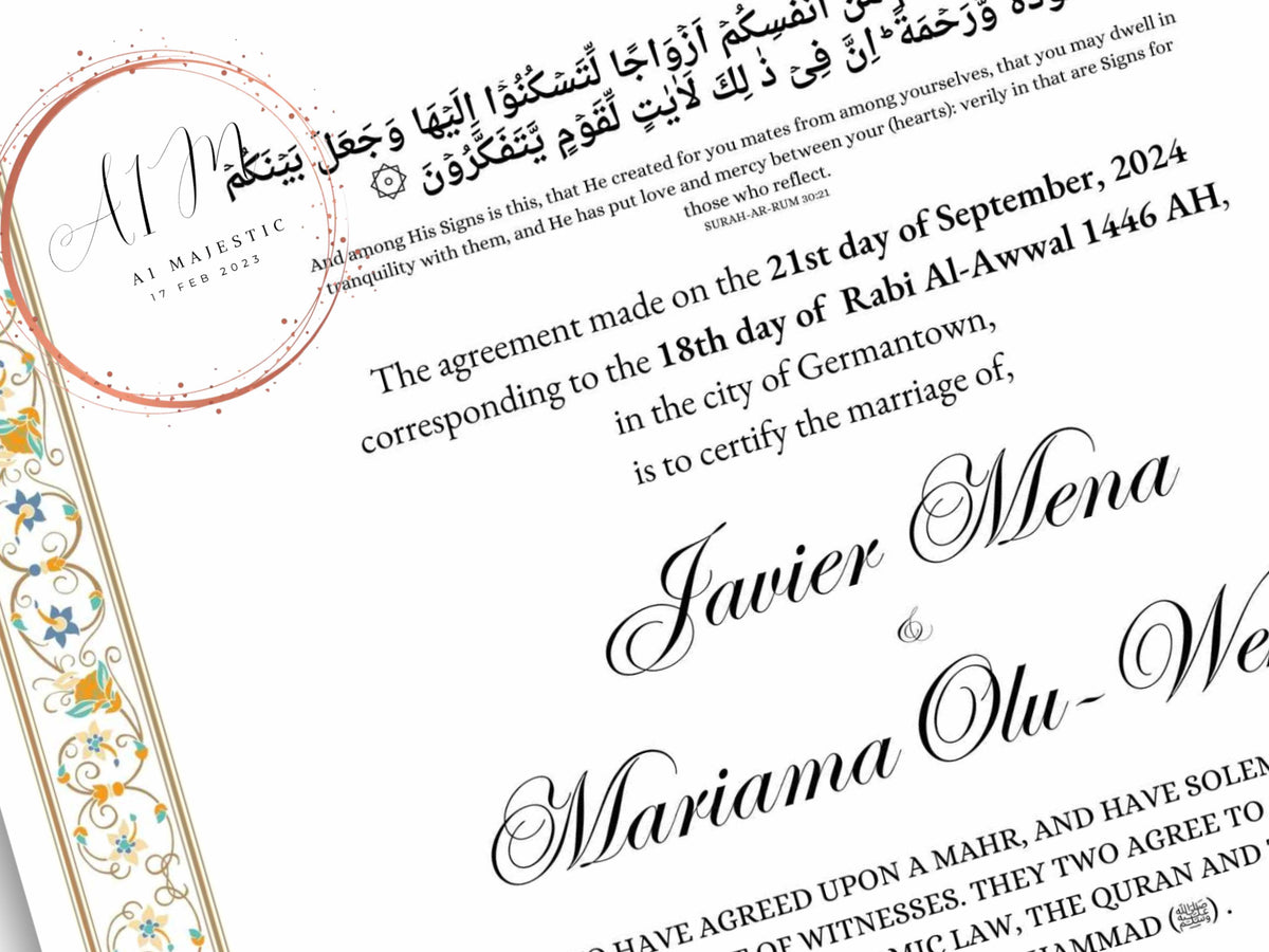 Luxury Nikkah Certificate, Premium A4 Islamic Wedding Contract, Nikkah Nama, Muslim Marriage Certificate, Personalised Names, A4, A3. NN274