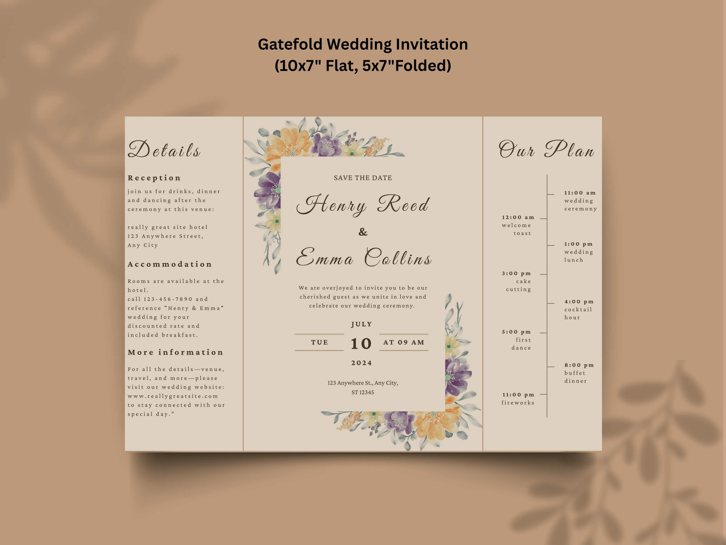 Floral Gatefold Wedding Invitation | Elegant Timeline Wedding Card | Modern Botanical Wedding Invitation with Details & Schedule. WI155