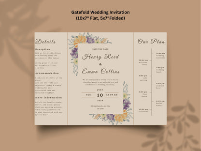 Floral Gatefold Wedding Invitation | Elegant Timeline Wedding Card | Modern Botanical Wedding Invitation with Details & Schedule. WI155