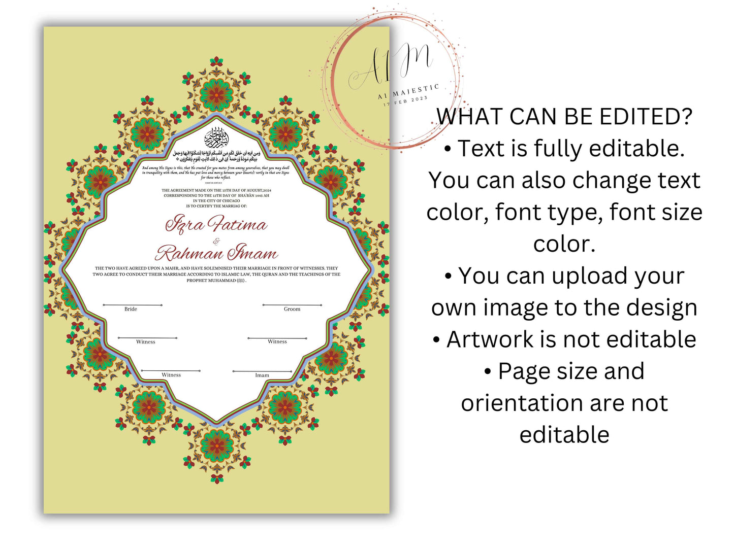 Nikkah Certificate Digital Download Personalised, A4, A3, Nikkah Contract, Muslim Nikkah Certificate Template, Instat Download. NN231