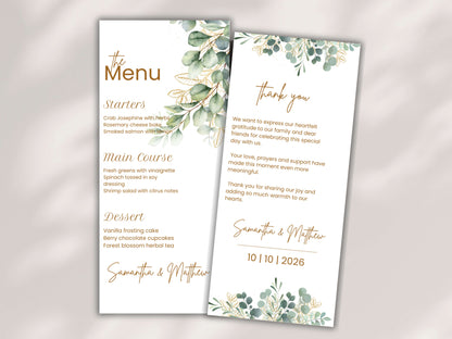 Boho Greenery Wedding Menu Template | Eucalyptus Place Card & Thank You Card | Minimalist Wedding Printable Set | Instant Download. WI188