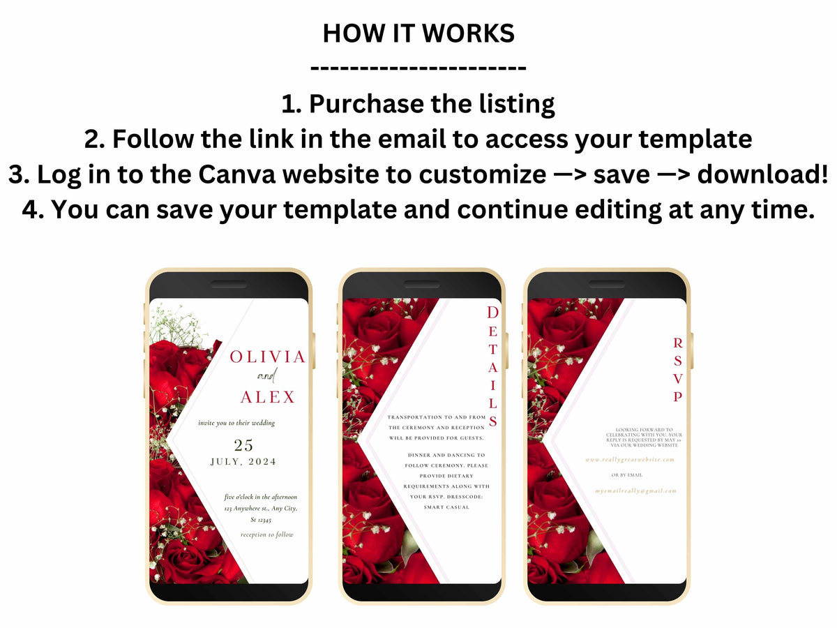 Modern Electronic Red Rose Wedding Invitation, Red Rose RSVP, Elegant Red Rose wedding Invitation, Smartphone Invitation. WEI5