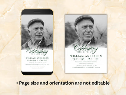 Funeral Invitation Template | Celebration of Life Memorial Card | 5x7 & Mobile Digital Download | Editable Obituary Invite | WEI91