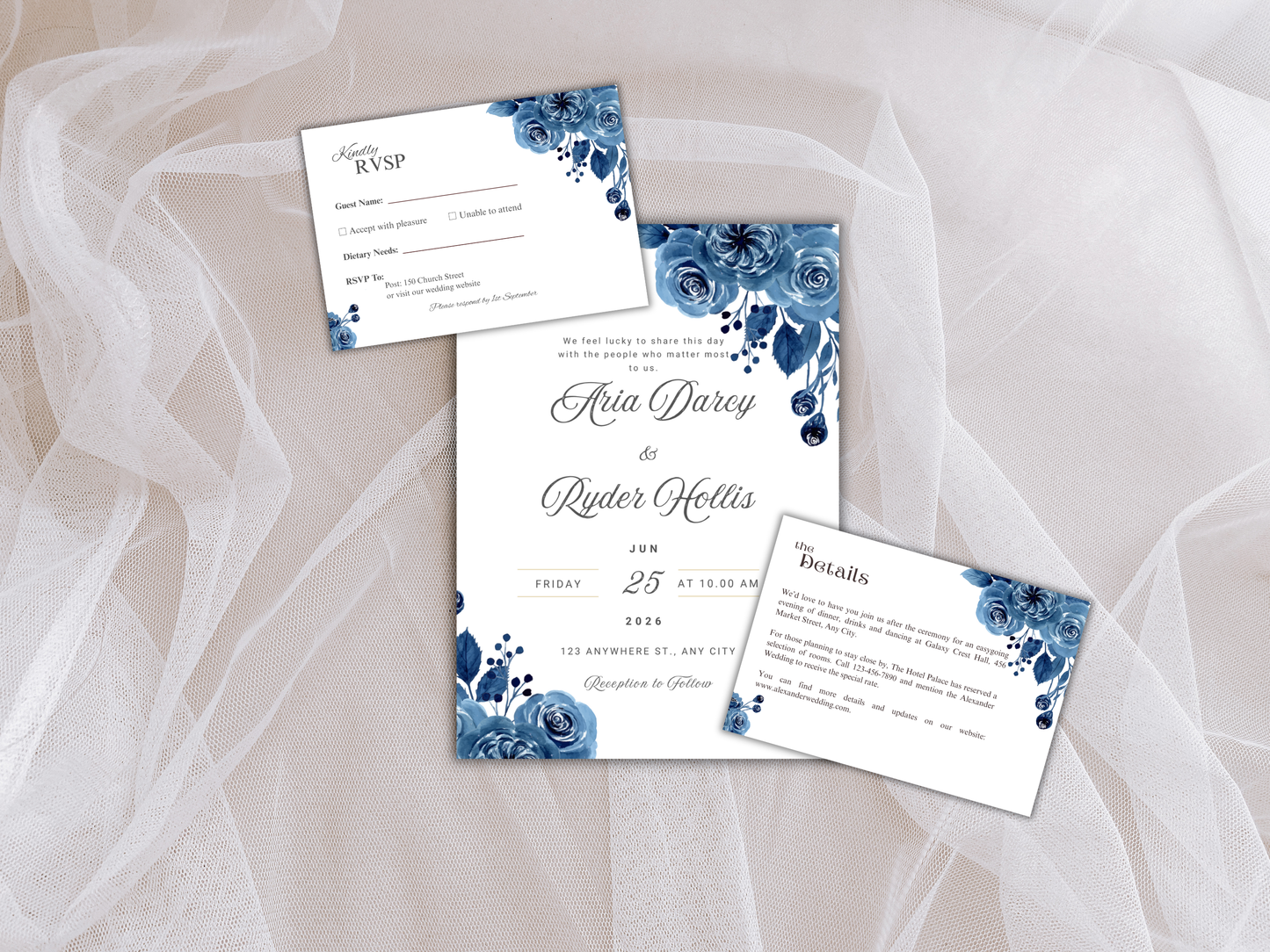 Wedding Invitation Set, RSVP, Dark Floral, Wedding Invitation, Details, Editable, Template, WI227