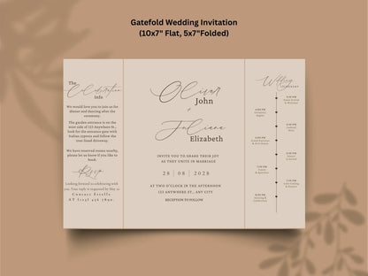 Minimalist Gatefold Wedding Invitation | Modern Elegant Wedding Card | Simple Wedding Invite with Details. WI156