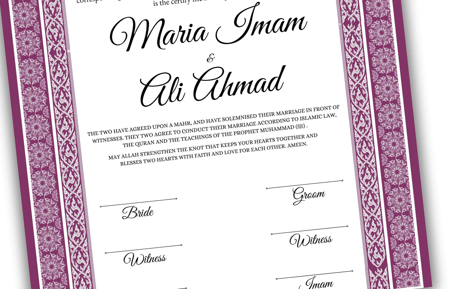 Luxury Nikkah certificate ,A3/a4 Nikkah Nama, Nikah , Islamic wedding contract, Muslim Marriage Certificate, Personalised Names. NN137