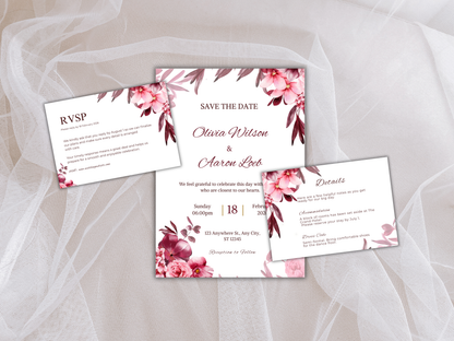 Wedding Invitation Set, RSVP, Dark Floral, Wedding Invitation, Details, Editable, Template, WI235