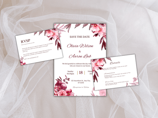 Wedding Invitation Set, RSVP, Dark Floral, Wedding Invitation, Details, Editable, Template, WI235