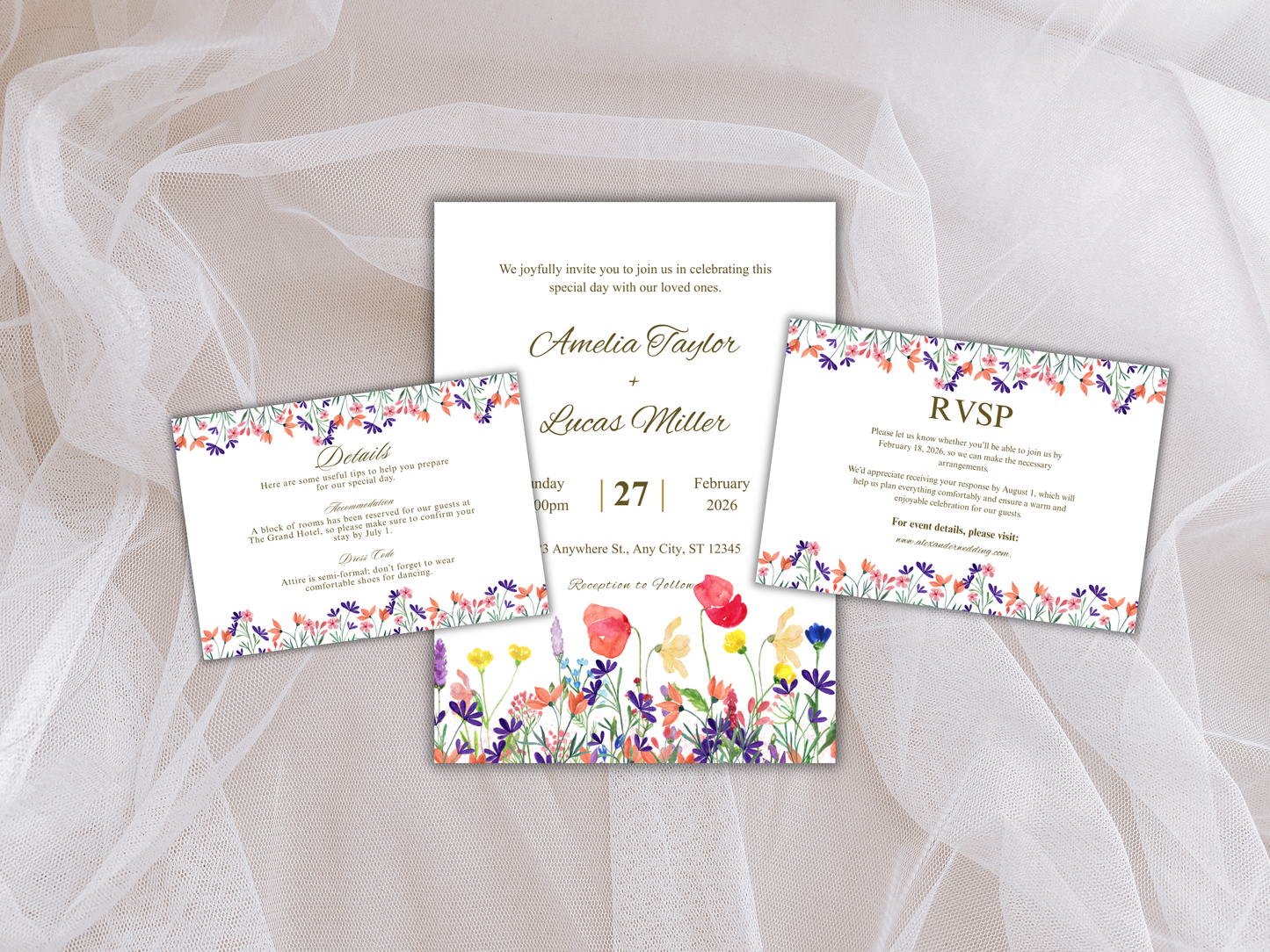 Wedding Invitation Bundle, RSVP, Thank You Card, Table Card, Menu Card, Reception Card, Details Card. WI260