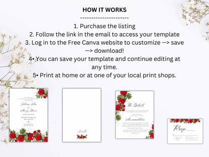 Red rose wedding invitation template set, Printable wedding suite, RSVP card, Details Card. 23