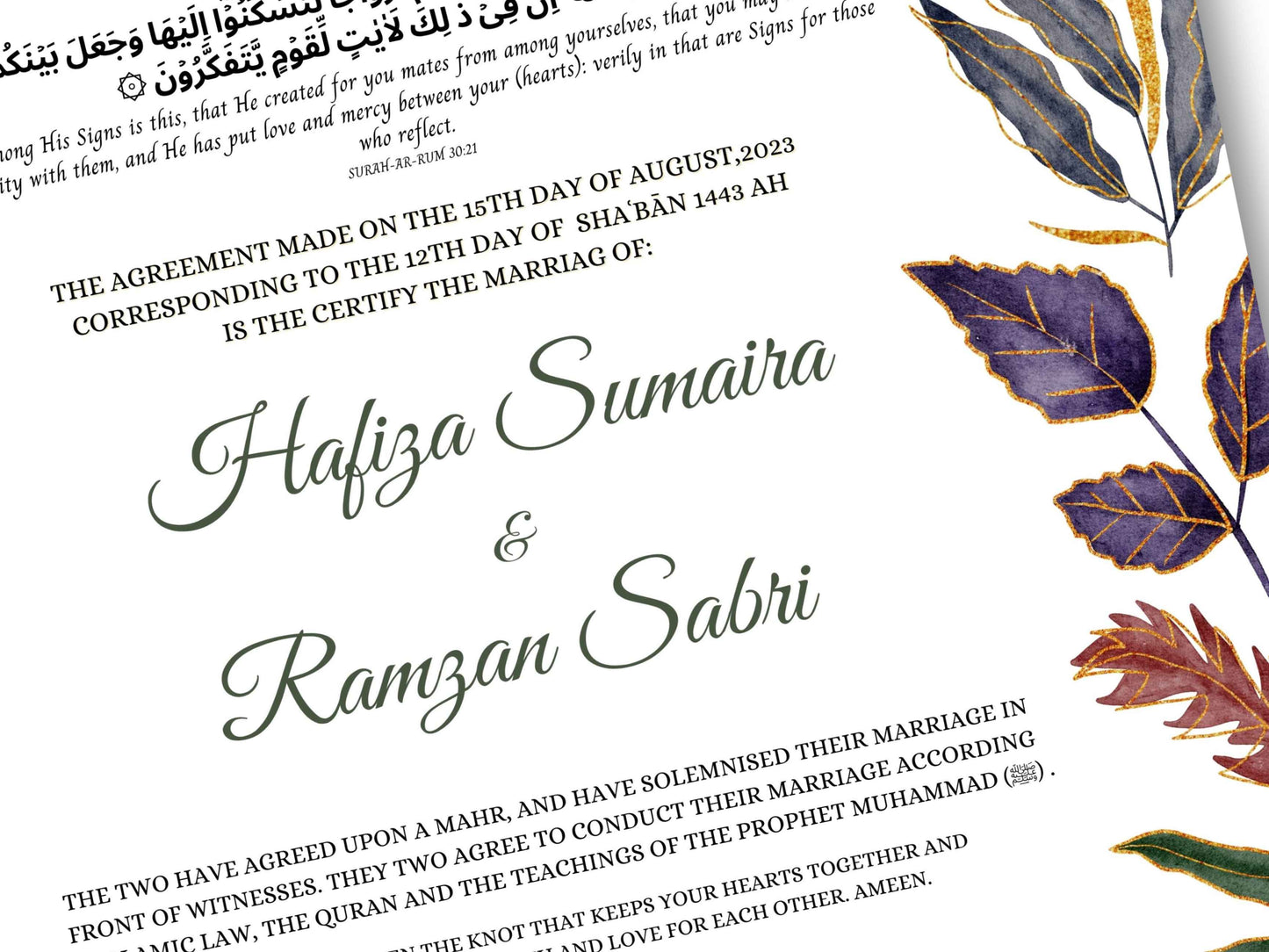 Nikkah Certificate Digital Download Personalised, A4, A3, Template, Editable, Nikkah Contract, Muslim Contract. NN232