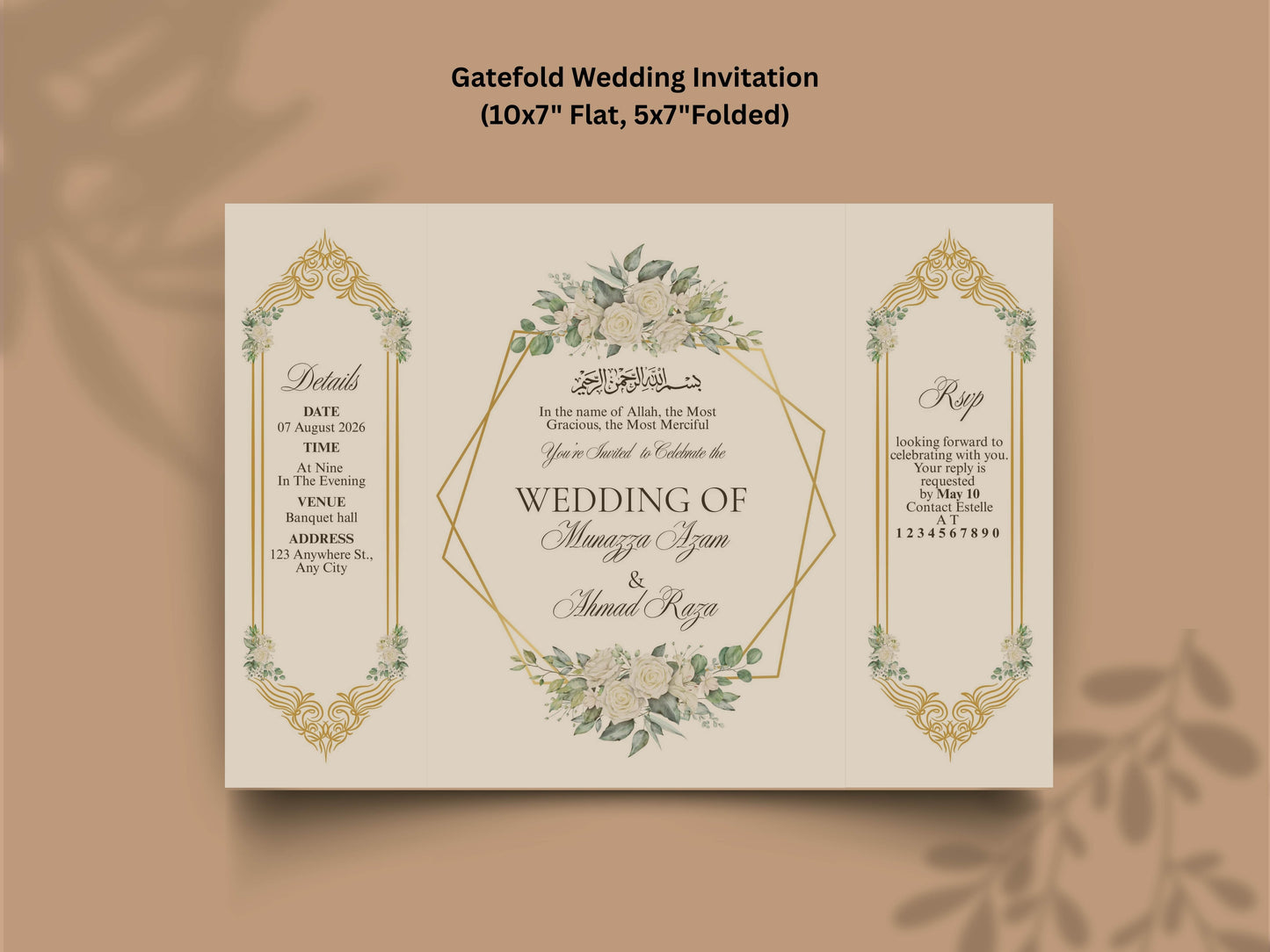Islamic Wedding Invitation | Elegant Bismillah Card | Muslim Nikah Invitation | Green Floral Wedding Card | Printable Template. WI145