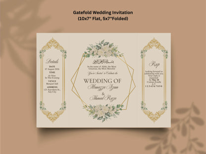 Islamic Wedding Invitation | Elegant Bismillah Card | Muslim Nikah Invitation | Green Floral Wedding Card | Printable Template. WI145