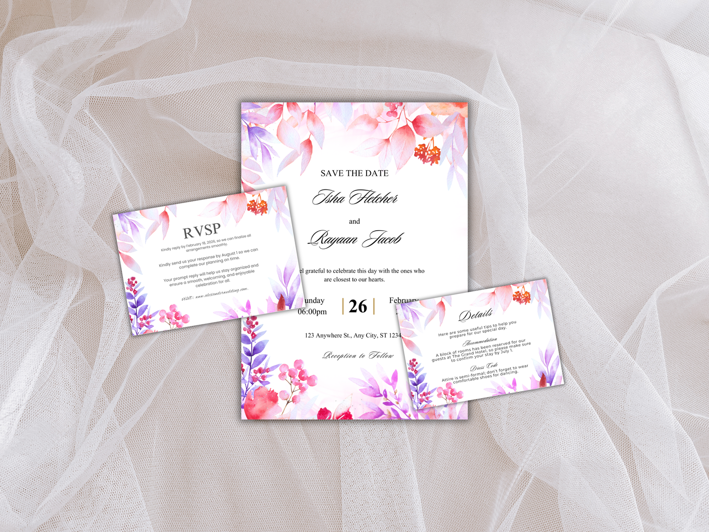 Wedding Invitation Bundle, RSVP, Thank You Card, Table Card, Menu Card, Reception Card, Details Card. WI252