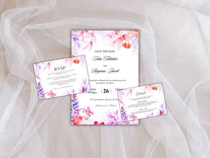 Wedding Invitation Bundle, RSVP, Thank You Card, Table Card, Menu Card, Reception Card, Details Card. WI252
