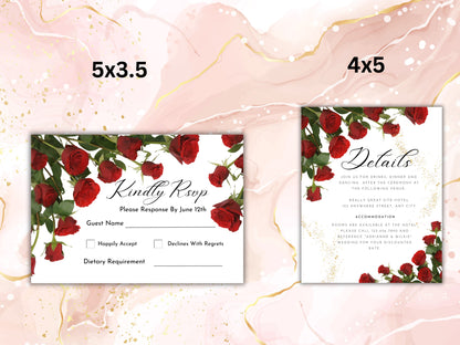 Red Rose Wedding Invitation , dark red floral gold frame border invite, Elegant Red Rose wedding Invitation, ,Shimmey, Editable