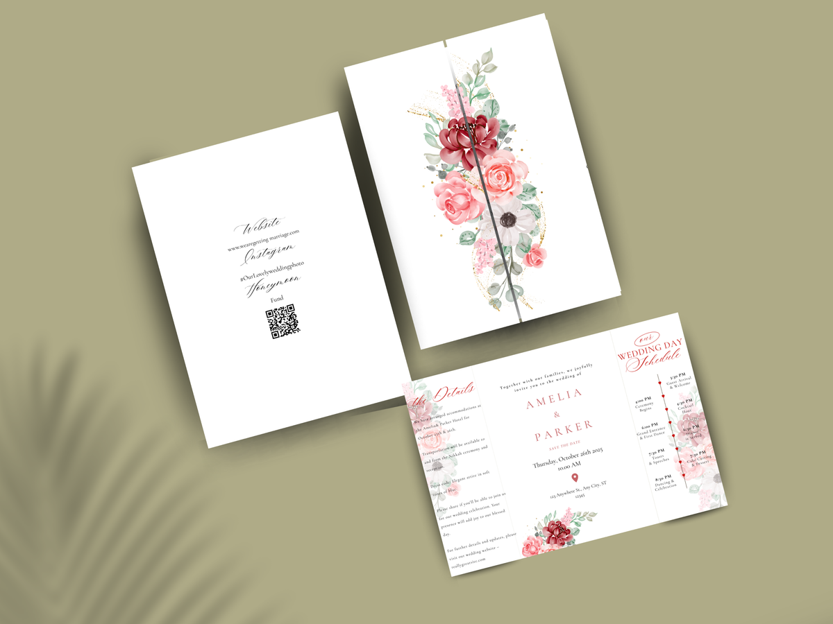 Elegant Floral Wedding Invitation Trifold Card Itinerary and Details Template Modern Editable Printable Invite. WI172