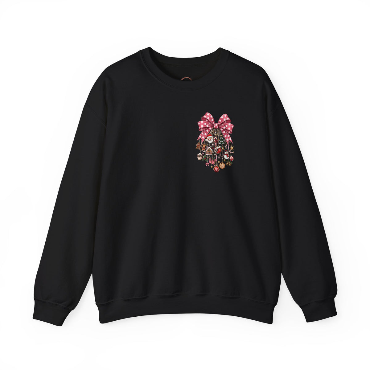 Crewneck Sweatshirt — Floral Heart Ornament with Pink Bow Holiday Design