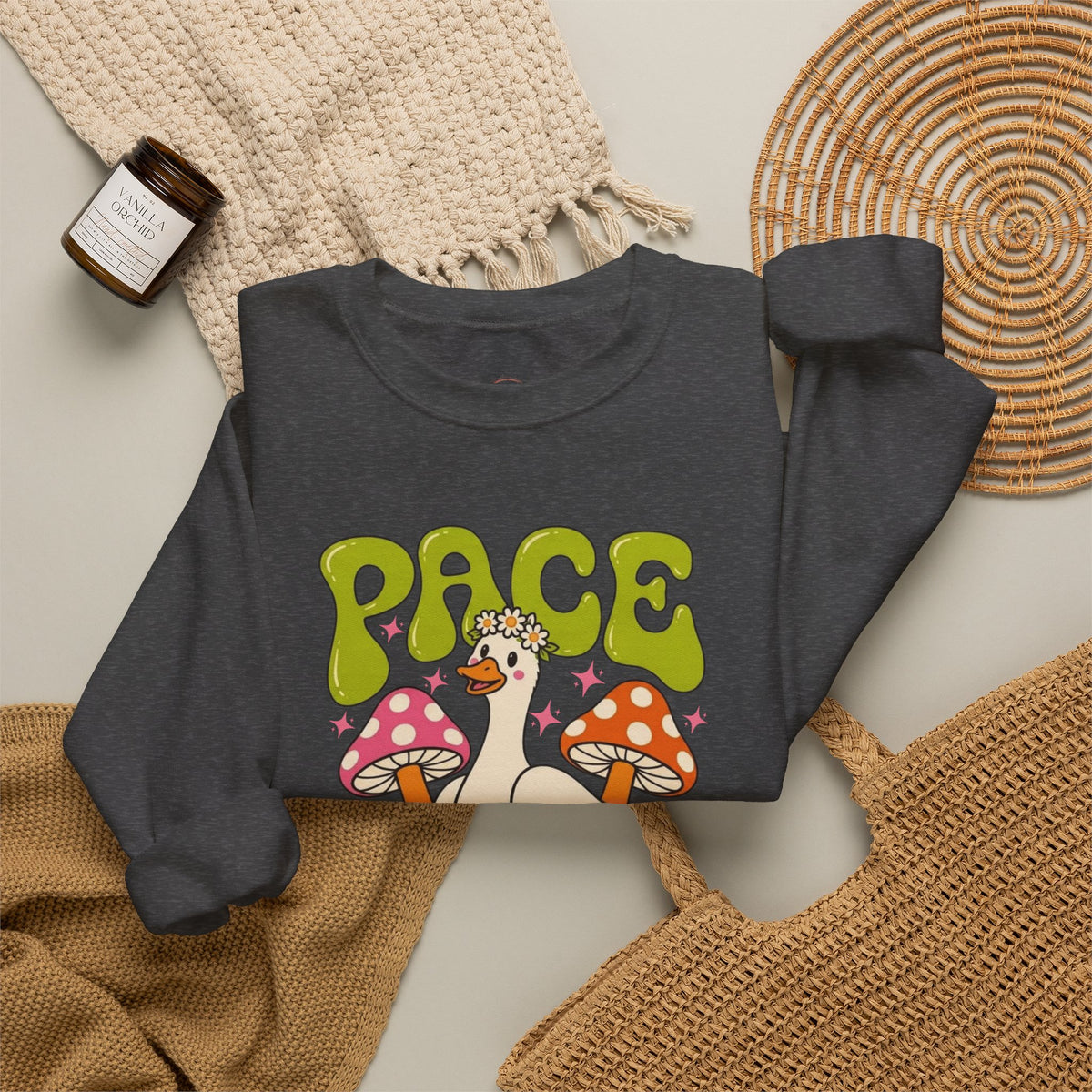 Peace Yourself Crewneck Sweatshirt — Retro Duck & Mushrooms Graphic