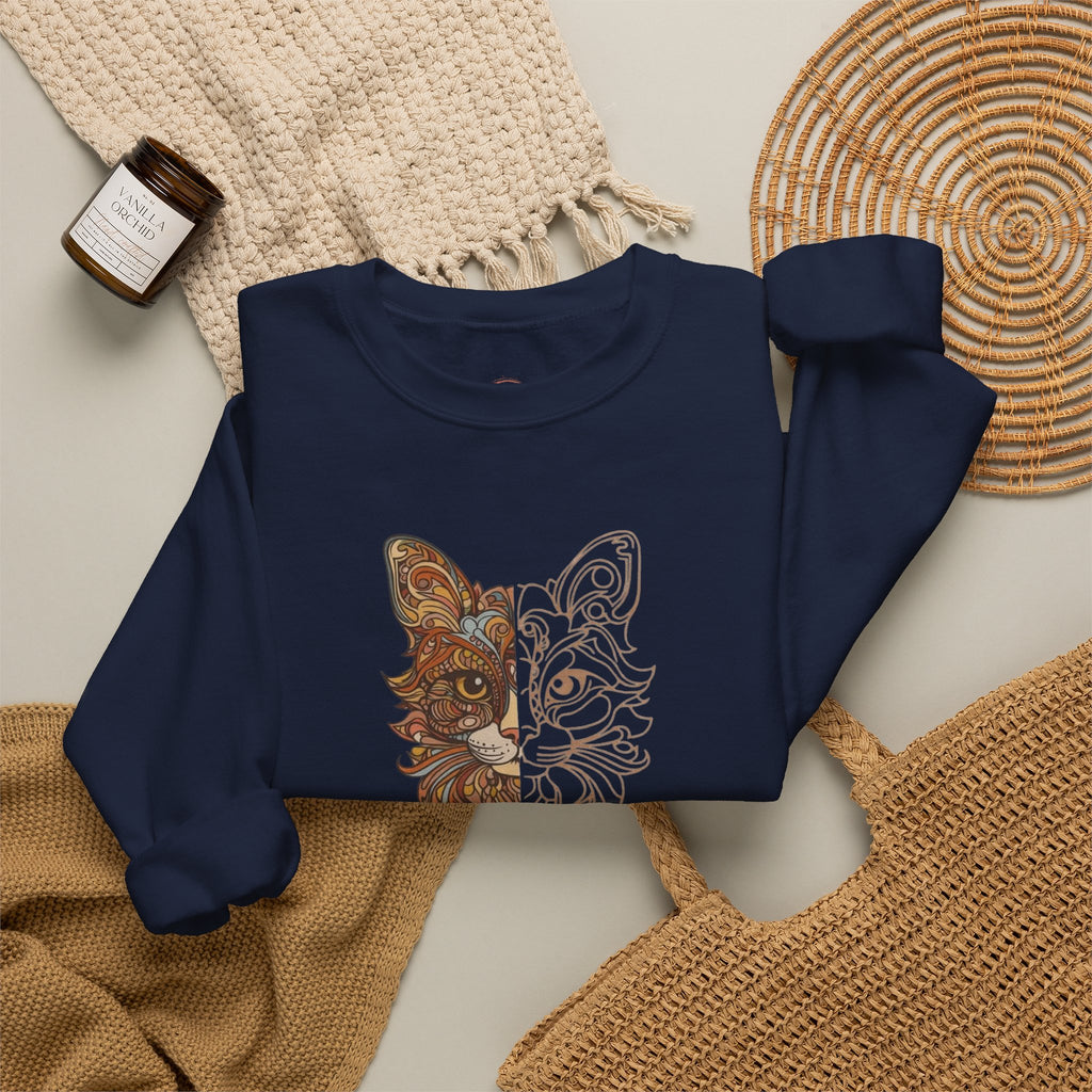 Cat Face Split Crewneck Sweatshirt – Half Realistic, Half Line Art Cat Design