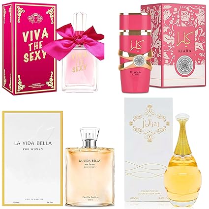 Women's Perfume Set 4PCS Multi Scent Combo Long Lasting Fragrance Gift with Vanilla,Rose,Jasmine,Sandwood,Musk Eau De Parfume 3.4 Fl Oz Each(La Vida Bella,Ka Candy,Viva the Sexy,J'ovial)