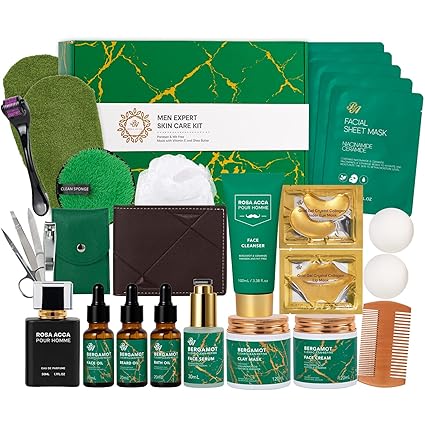 30 pcs Father's Day Gifts, Bergamot Facial Skin Care Set Gifts for Men, Beard Grooming Kit, Bath & Body Gift Basket Set, Self-Care Gift, Face Cleanser, Birthday, Christmas, Anniversary, Husband, Dad