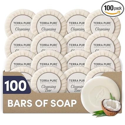 Travel Size Hotel Bar Soap 100 Count 0.6 oz Bars Guest Amenities for Hotels Vacation Rentals & Short Term Rentals Paraben Free White Tea & Coconut Scent Infused with Aloe and Olive Oil by Terra Pure