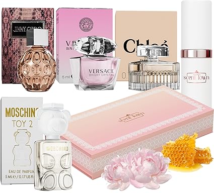 Scentown Mini Perfumes for Women (Set of 5) – Designer Perfume Samples for Women Packed in an Elegant Gift Box – Includes Moschino, Jimmy Choo, Chloé, Versace & Empty Refillable Perfume Atomizer