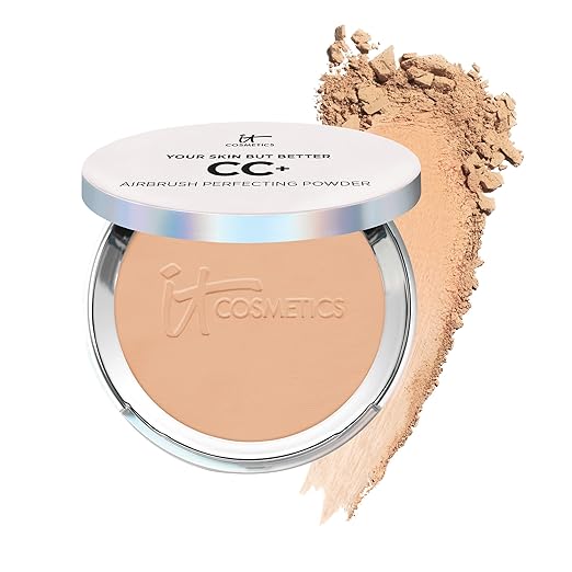 IT Cosmetics CC+ Airbrush Perfecting Powder Foundation - Sheer to Full Coverage Pressed Powder, Blurring Pores & Dark Spots, Anti-Aging Face Makeup, Hydrolyzed Collagen & Niacinamide - 0.33 oz
