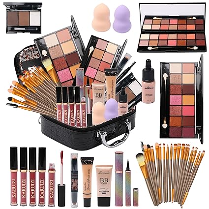 MTDXILTAI All in One Makeup Kit for Makeup storage bag 2X14 Colors Eyeshadow Palette Liquid Foundation Eyeliner Pencils Contouring Stick Lip Gloss 20Pcs Make up Brushes For Women Girls Teens (Black)