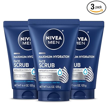 NIVEA MEN Maximum Hydration Face Scrub with Provitamin B5 and Aloe Vera, Exfoliating Face Wash Deeply Cleanses to Unclog Pores, 4.4 Oz Tube, Pack of 3