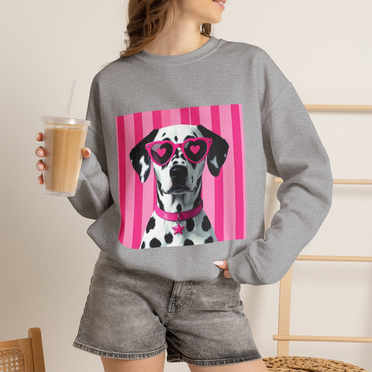 Dalmatian with Heart Sunglasses Sweatshirt — Cute Pink Pet Graphic Crewneck
