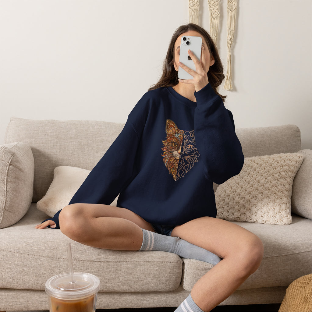 Cat Face Split Crewneck Sweatshirt – Half Realistic, Half Line Art Cat Design