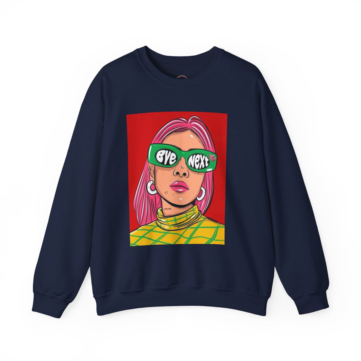 A navy blue crewneck sweatshirt featuring a colorful graphic print of a woman with pink hair, green sunglasses reading 'EYE NEXY', and a yellow-green checkered top against a red background.