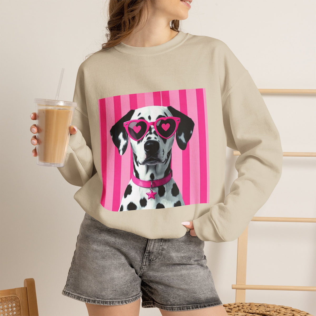 Dalmatian with Heart Sunglasses Sweatshirt — Cute Pink Pet Graphic Crewneck