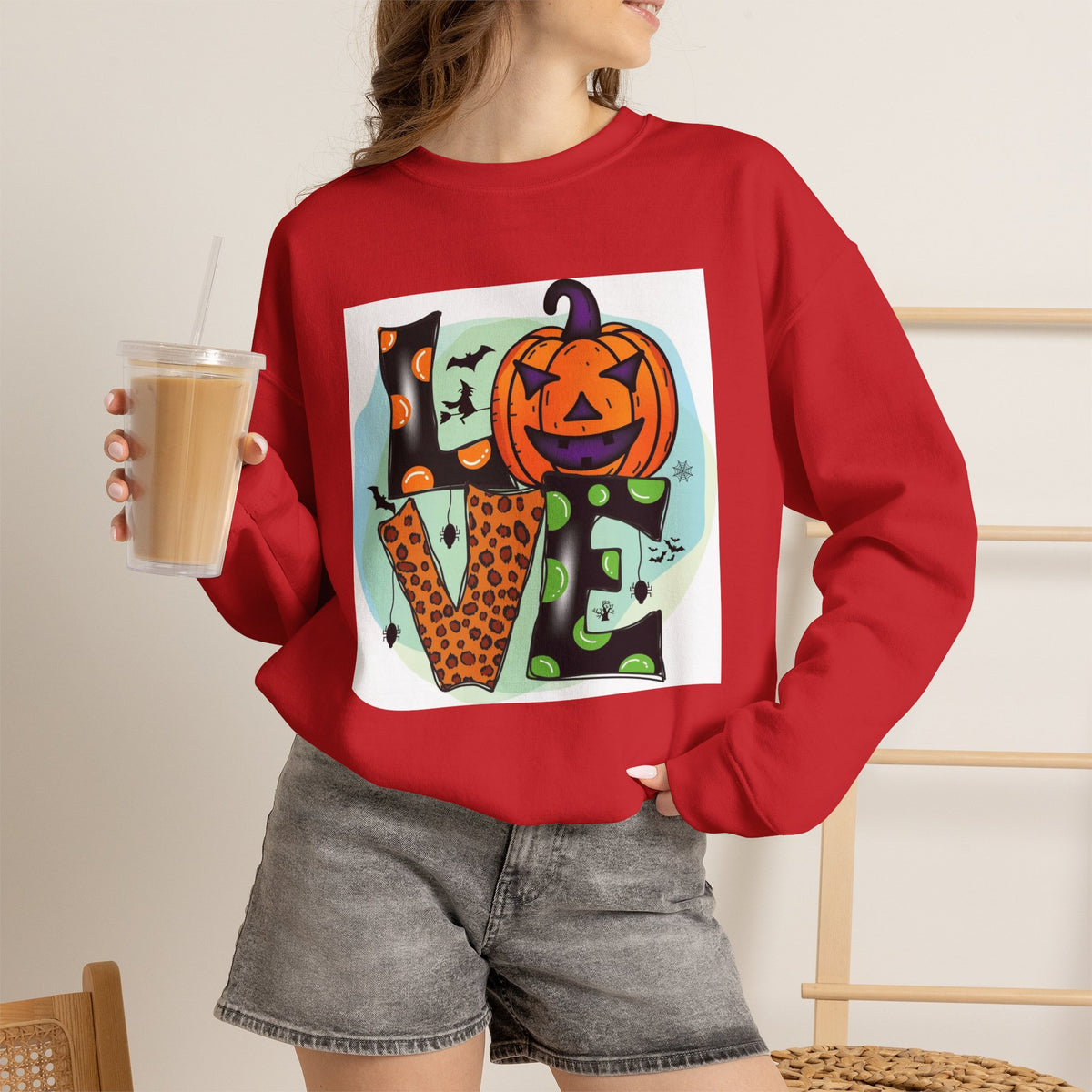Halloween LOVE Crewneck Sweatshirt — Jack-O'-Lantern & Leopard Print Graphic