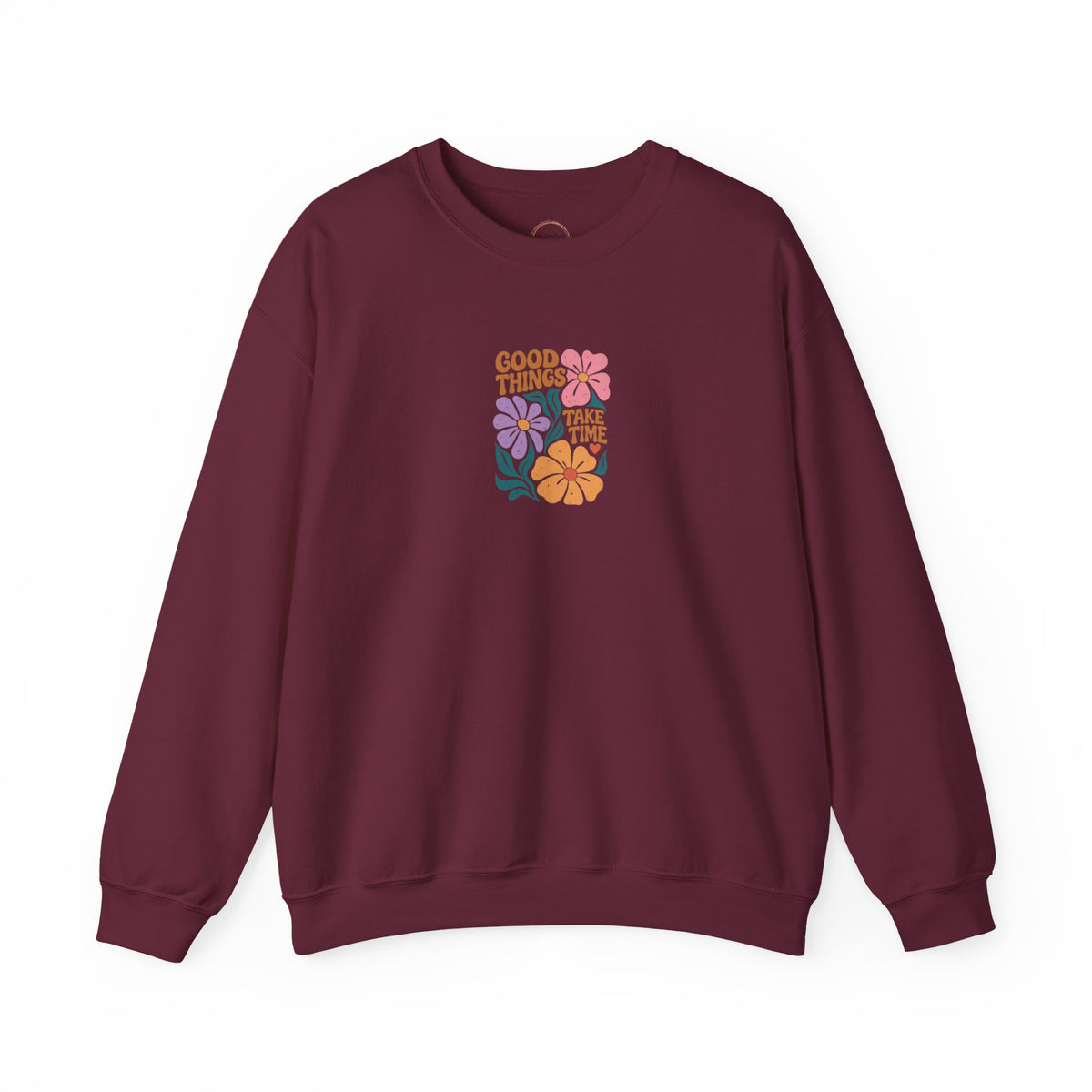 Maroon sweatshirt with text 'CHAOS BUT MAKE IT GENIUS' on a white background