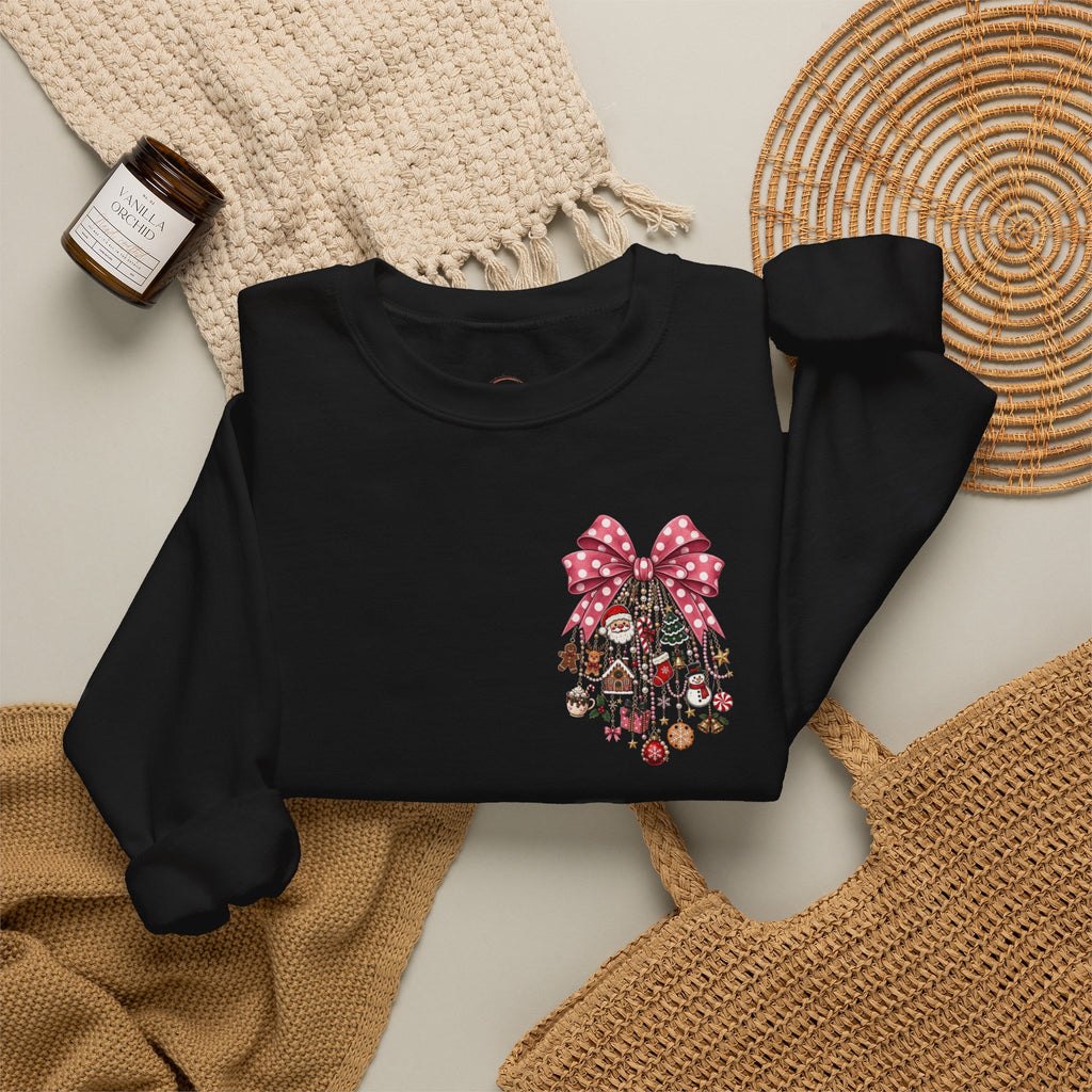 Crewneck Sweatshirt — Floral Heart Ornament with Pink Bow Holiday Design