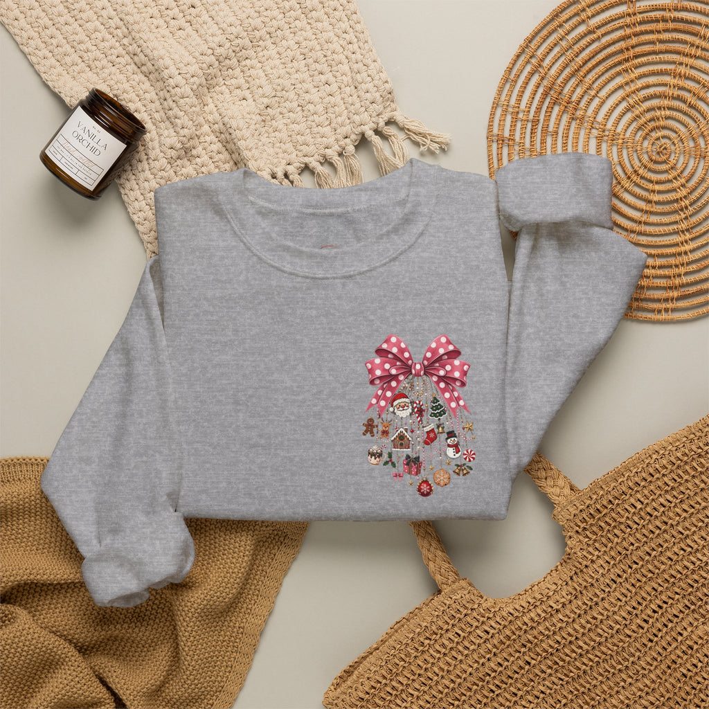 Crewneck Sweatshirt — Floral Heart Ornament with Pink Bow Holiday Design