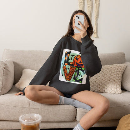 Halloween LOVE Crewneck Sweatshirt — Jack-O'-Lantern & Leopard Print Graphic