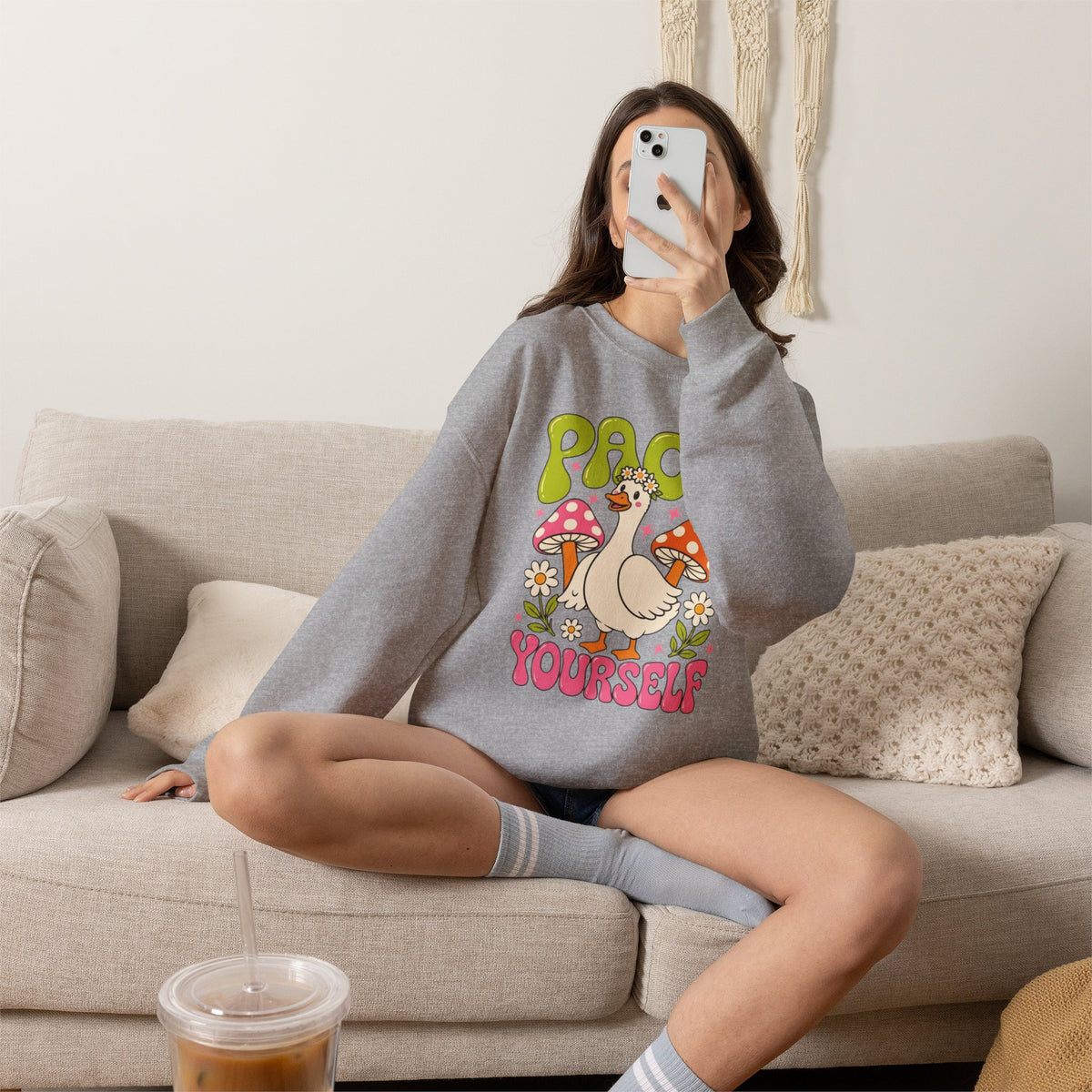 Peace Yourself Crewneck Sweatshirt — Retro Duck & Mushrooms Graphic