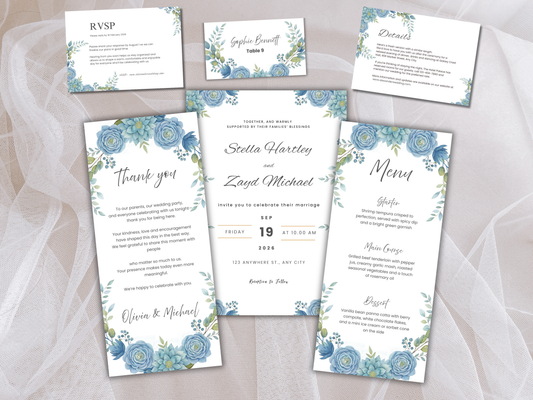 Wedding Invitation Bundle, RSVP, Thank You Card, Table Card, Menu Card, Reception Card, Details Card. WI242