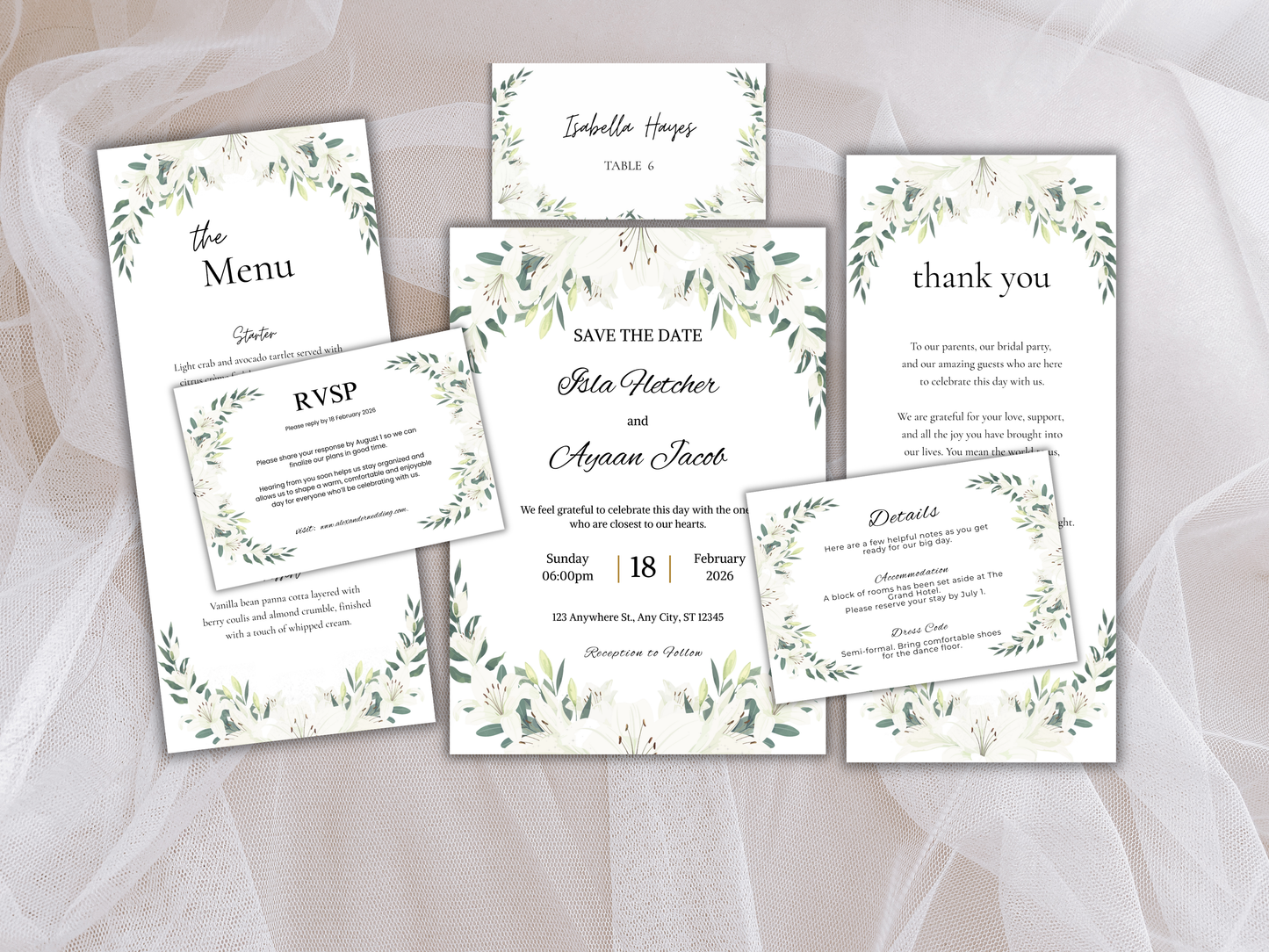 Wedding Invitation Bundle, RSVP, Thank You Card, Table Card, Menu Card, Reception Card, Details Card. WI248
