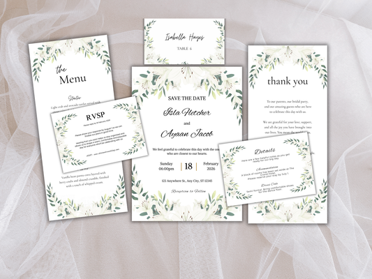 Wedding Invitation Bundle, RSVP, Thank You Card, Table Card, Menu Card, Reception Card, Details Card. WI248